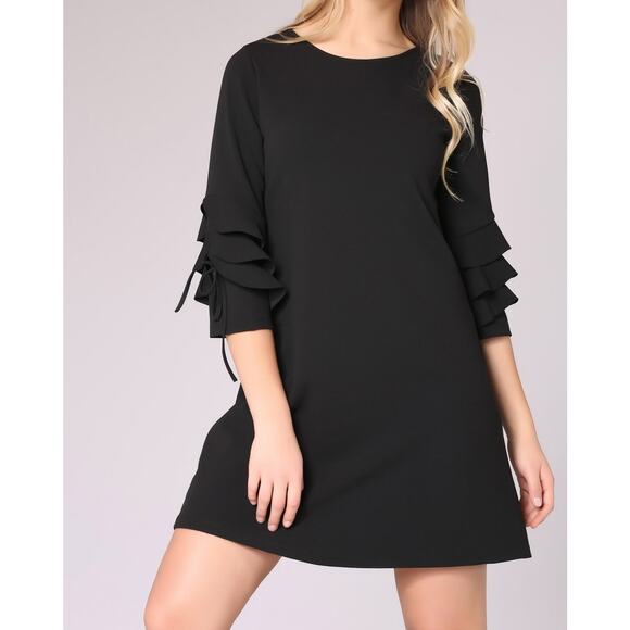 Neiman Marcus Black Shift Dress Ruffled Bow Accent Sleeves Size Large - Picture 1 of 8